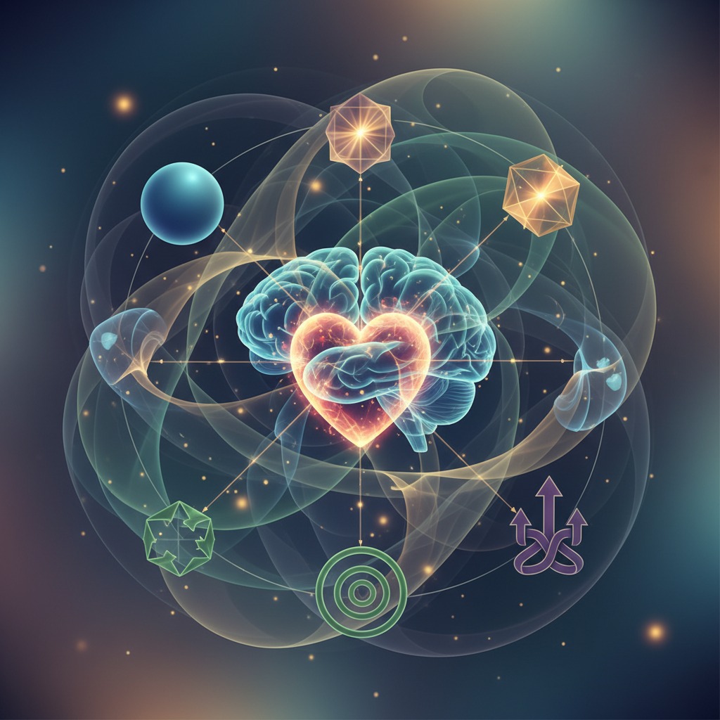 A glowing human brain and heart are centered within a swirling, abstract network of geometric shapes and light particles.